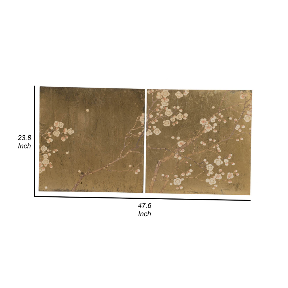 Tim 24 Inch Wall Art Set of 2, Divided Floral Design, Square, Gold, Brown - BM312826