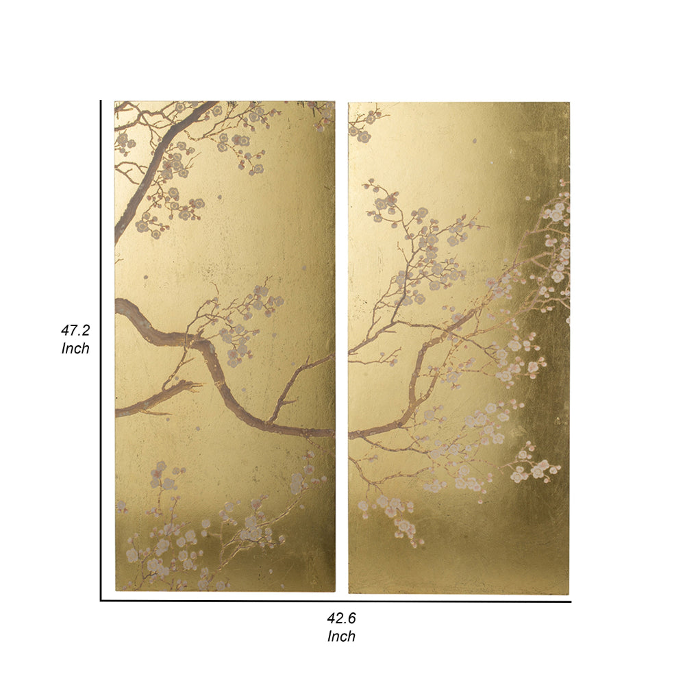 Tim 47 Inch Tall Wall Art Set of 2, Divided Floral Design, Gold, Brown - BM312827