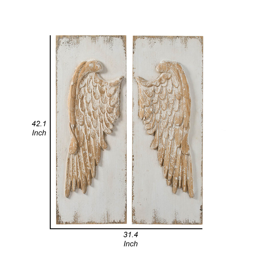 42 Inch Wood Wing Wall Art Decor Set of 2, Fir Wood Frame, White and Beige - BM312830