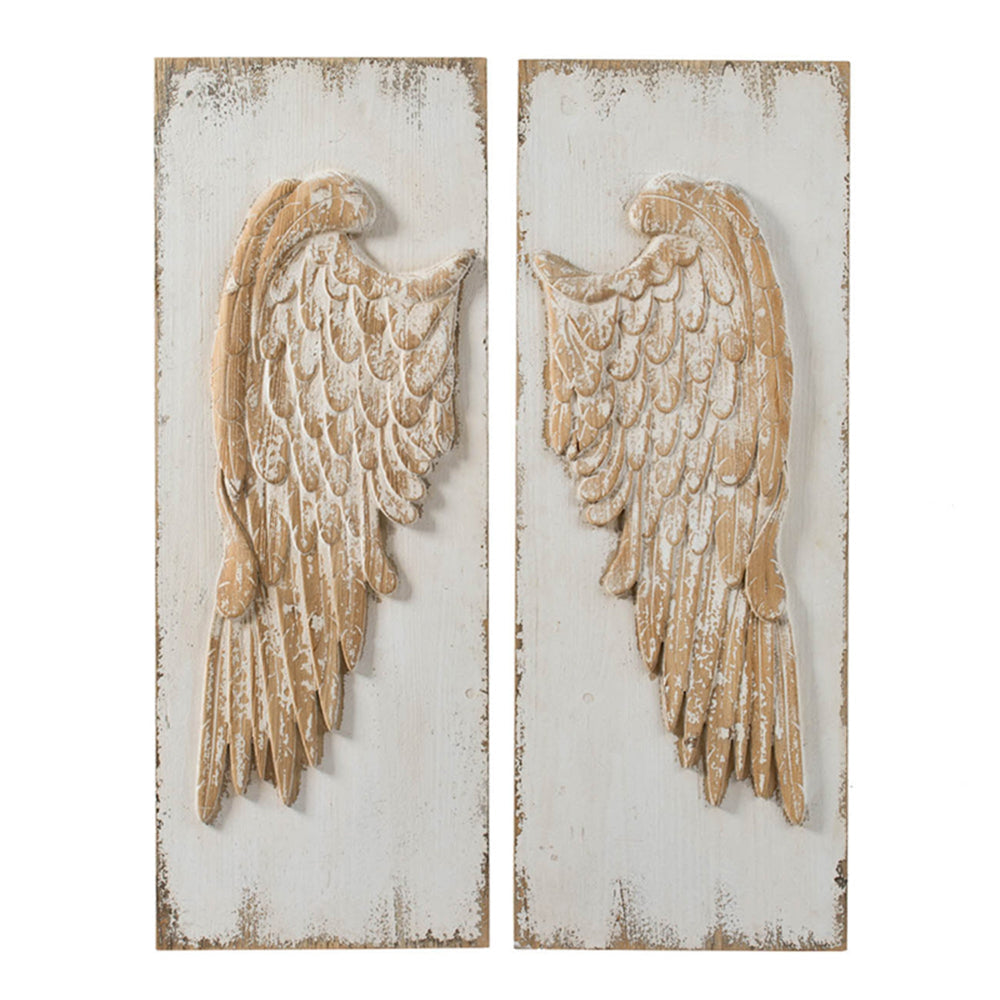 42 Inch Wood Wing Wall Art Decor Set of 2, Fir Wood Frame, White and Beige - BM312830