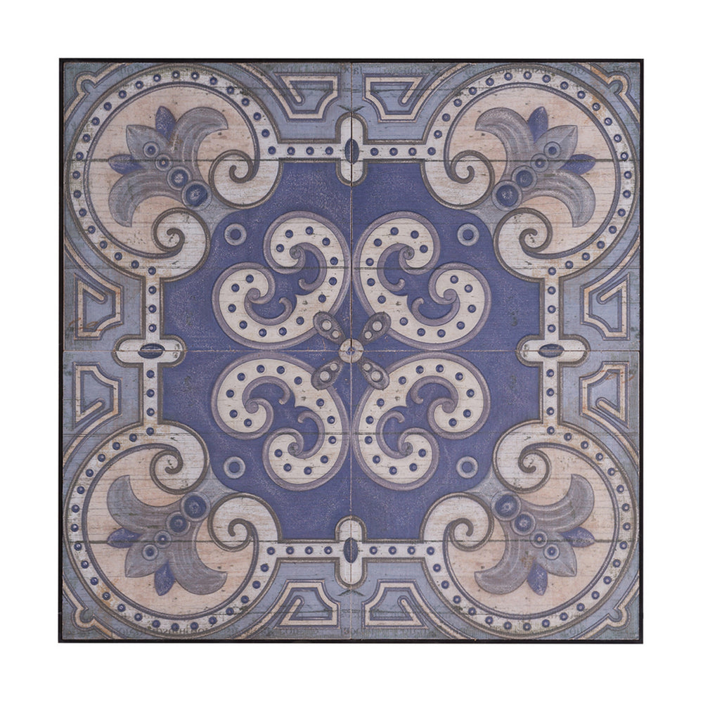 Lina 48 Inch Bordered Wall Art Tile, Square, Floral Mandala, Blue, Ivory - BM312832