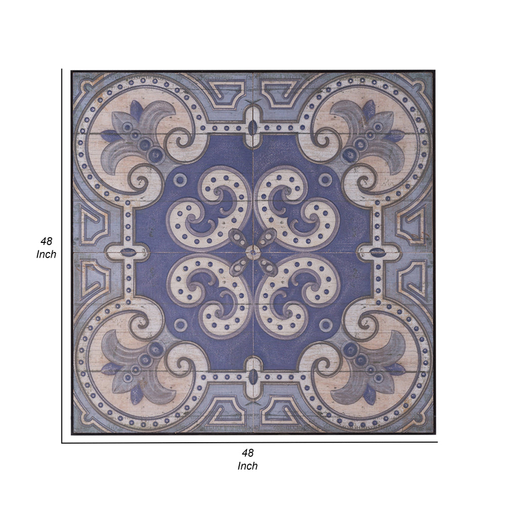 Lina 48 Inch Bordered Wall Art Tile, Square, Floral Mandala, Blue, Ivory - BM312832