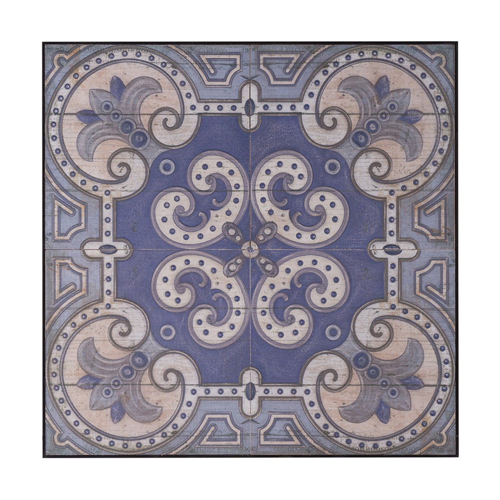 Lina 48 Inch Bordered Wall Art Tile, Square, Floral Mandala, Blue, Ivory - BM312832