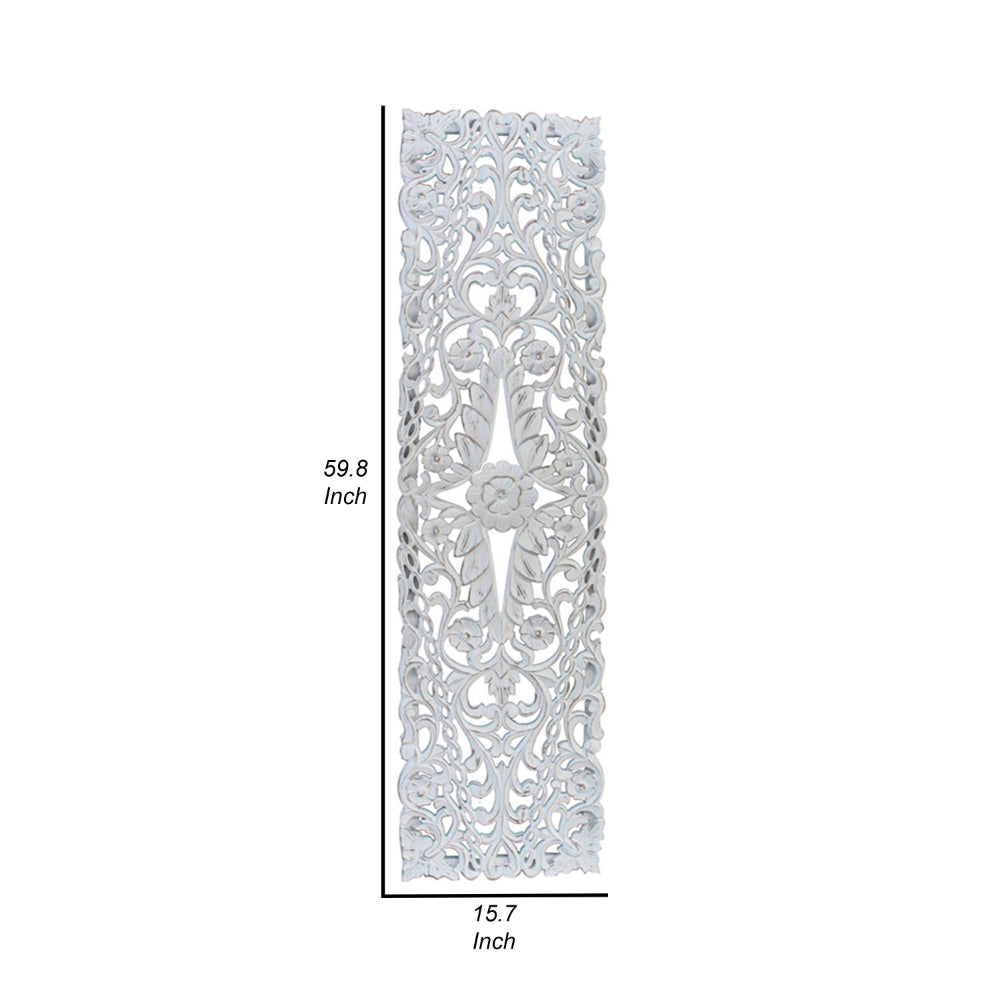 60 Inch Tall Decorative Panel, Carved Floral Vine Design, Mango Wood, White - BM312835