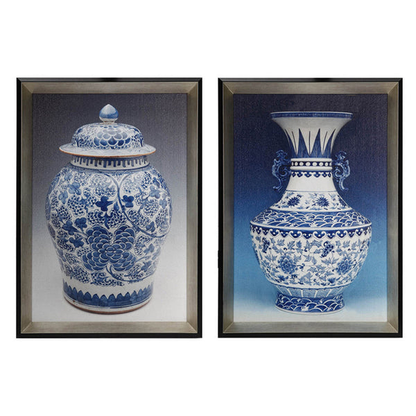 14 x 20 Set of 2 Framed Wall Art Prints, Pot Design, Blue, White, and Black - BM312839