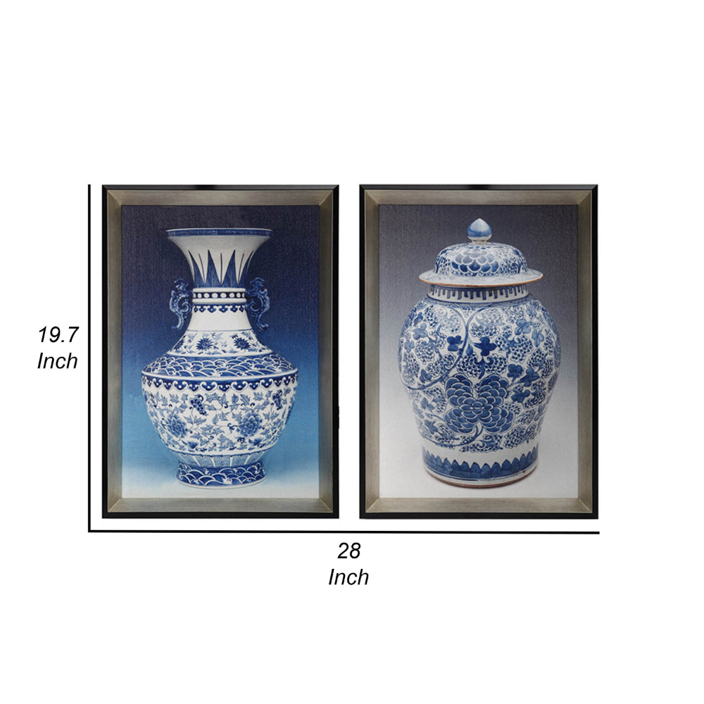 14 x 20 Set of 2 Framed Wall Art Prints, Pot Design, Blue, White, and Black - BM312839