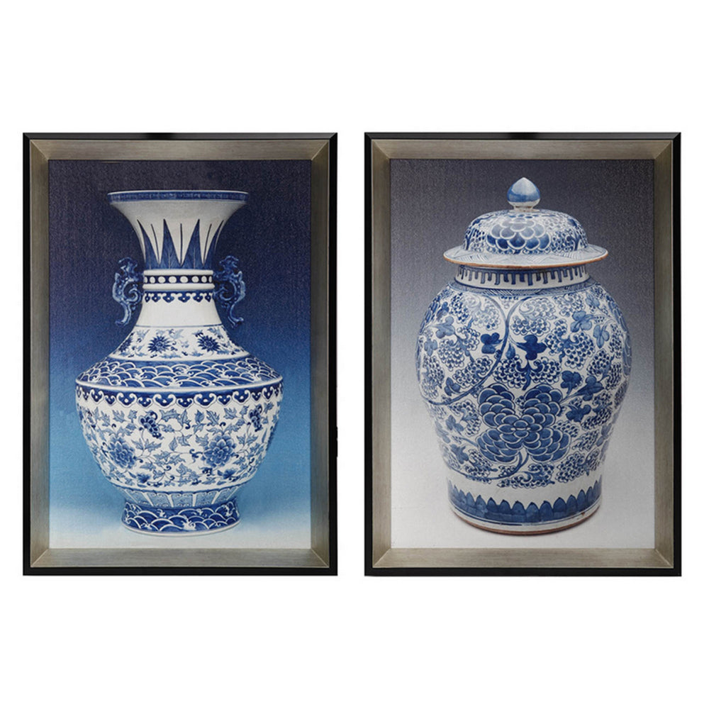 14 x 20 Set of 2 Framed Wall Art Prints, Pot Design, Blue, White, and Black - BM312839