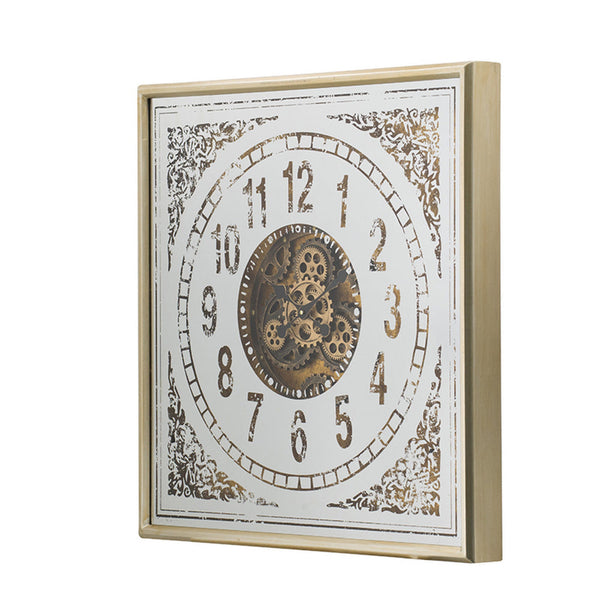 32 Inch Wall Clock, Decorative Gear Design, Square, Iron, White and Brown - BM312842