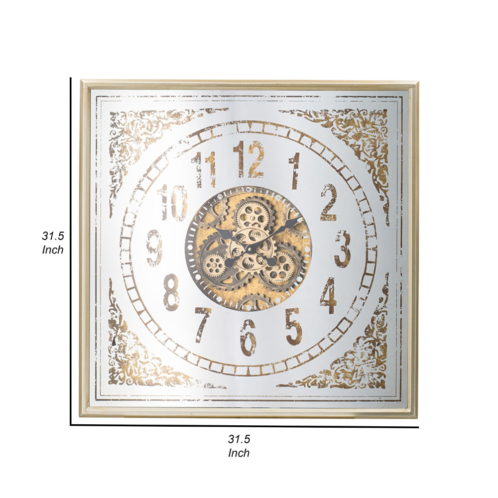 32 Inch Wall Clock, Decorative Gear Design, Square, Iron, White and Brown - BM312842