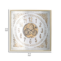 32 Inch Wall Clock, Decorative Gear Design, Square, Iron, White and Brown - BM312842