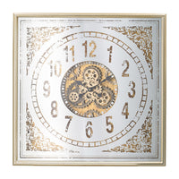 32 Inch Wall Clock, Decorative Gear Design, Square, Iron, White and Brown - BM312842