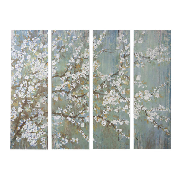 19 x 59 Wall Art Canvas Print Set of 4, White Cherry Blossom, Green Brown - BM312843