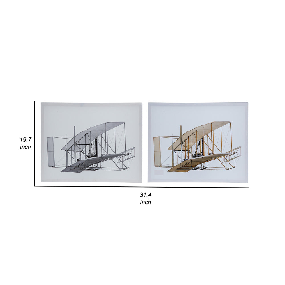 16 x 20 Wall Art Set of 2, Traditional Vintage Plane Design, White, Gray - BM312847