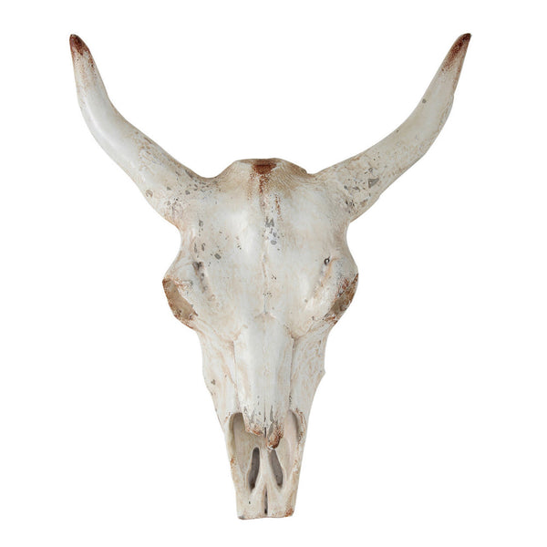 19 Inch Realistic Faux Steer Head Wall Decor, Cow Skull White, Brown Finish - BM312849