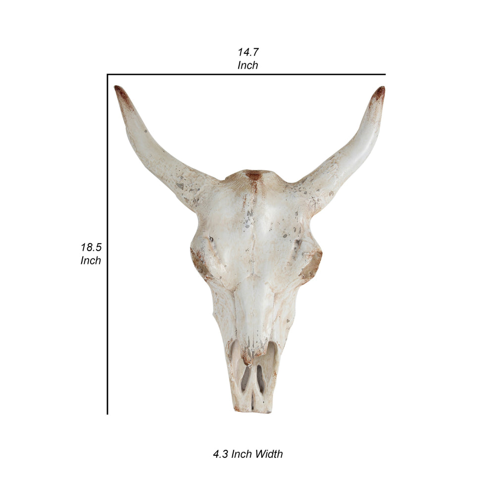 19 Inch Realistic Faux Steer Head Wall Decor, Cow Skull White, Brown Finish - BM312849