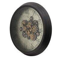 28 Inch Wall Clock, Round Vintage Gear Design, Gold and Dark Brown Finish - BM312855