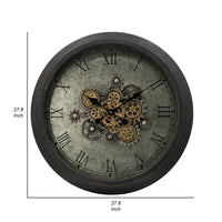 28 Inch Wall Clock, Round Vintage Gear Design, Gold and Dark Brown Finish - BM312855