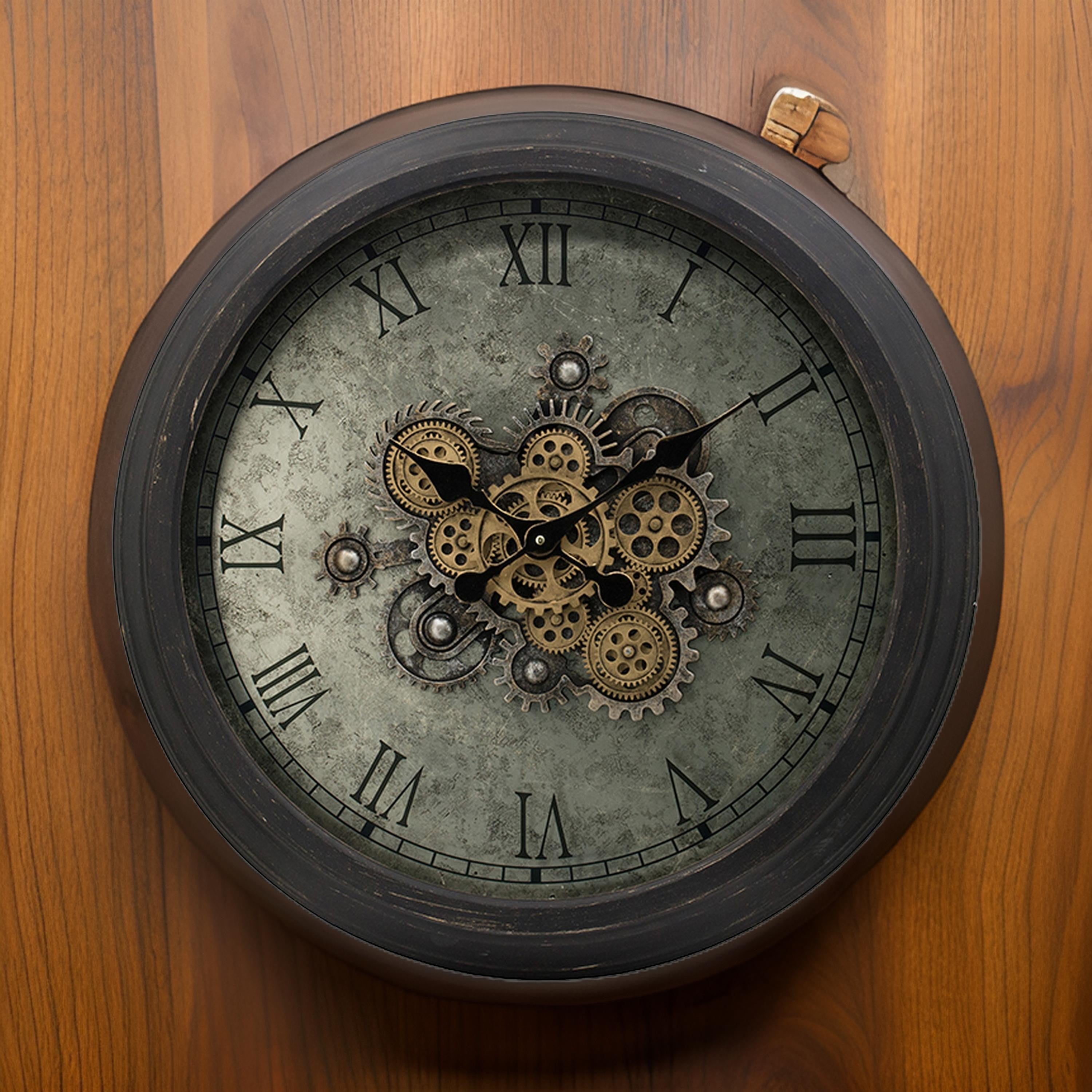 Benzara 28 Inch Wall Clock, Round Vintage Gear Design, Gold and