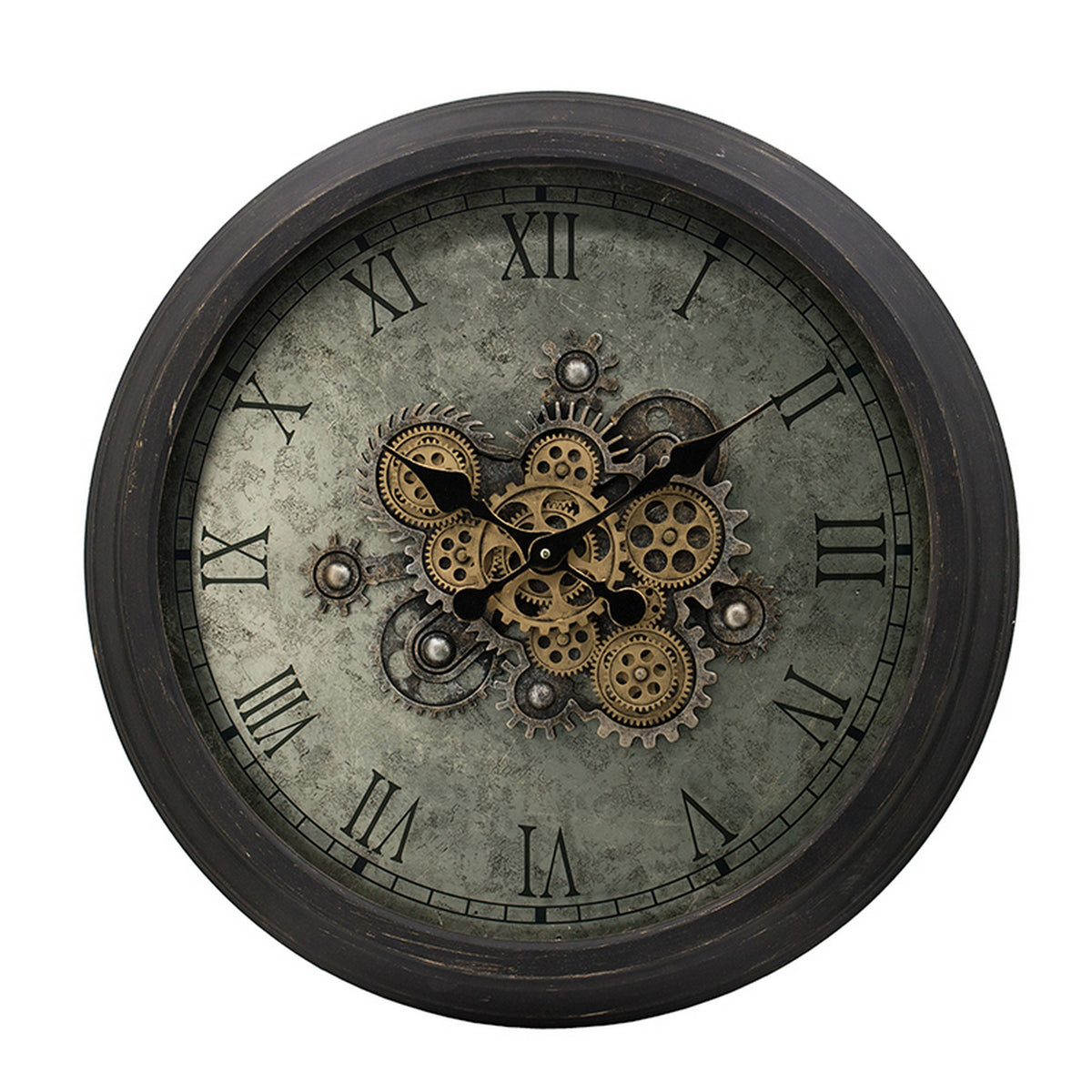 28 Inch Wall Clock, Round Vintage Gear Design, Gold and Dark Brown Finish - BM312855