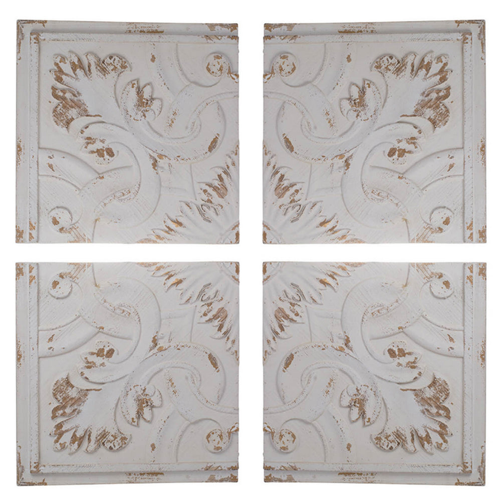 benzara 18 Inch Wall Art Panel Set of 4 Square Split Image Fir Wood White Brown - BM312856