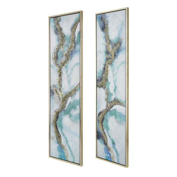 20 x 71 Tall Framed Wall Art Oil Painting Set of 2, Blue and Gold Canvas - BM312858