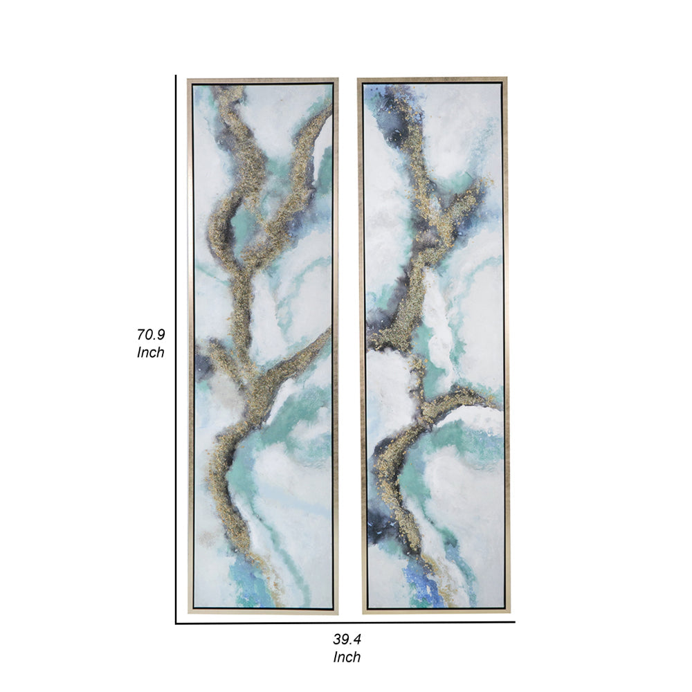 20 x 71 Tall Framed Wall Art Oil Painting Set of 2, Blue and Gold Canvas - BM312858