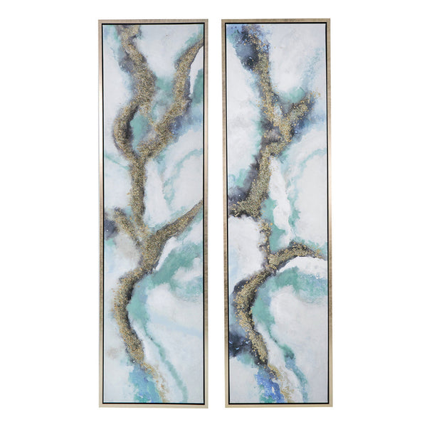 20 x 71 Tall Framed Wall Art Oil Painting Set of 2, Blue and Gold Canvas - BM312858