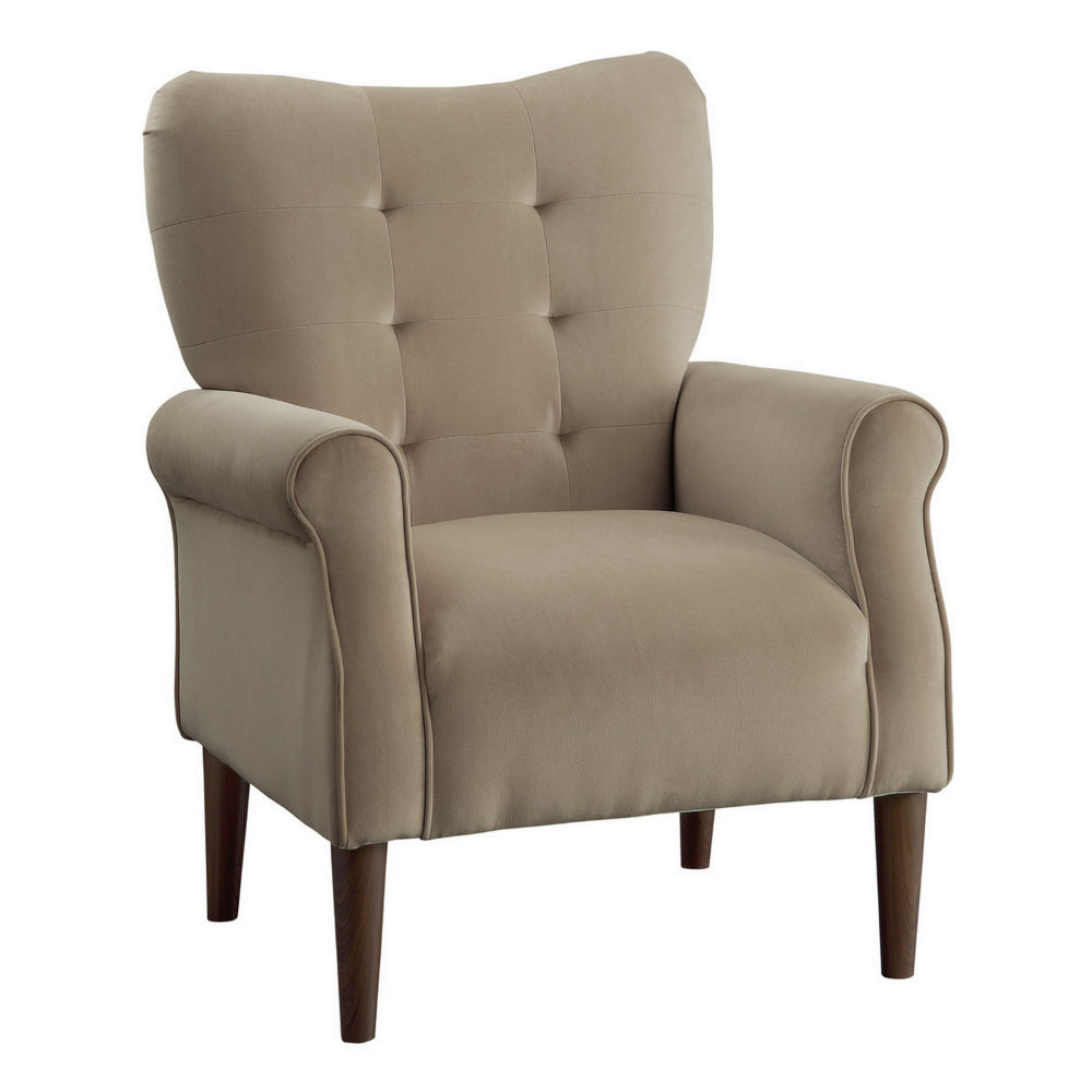 Kylie 32 Inch Accent Chair Armchair, Soft Tufted Brown Velvet, Solid Wood - BM313082