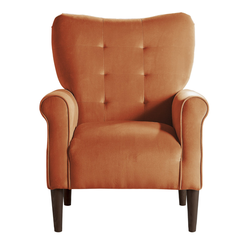 Kylie 32 Inch Accent Chair Armchair, Tufted Orange Velvet, Brown Solid Wood - BM313084