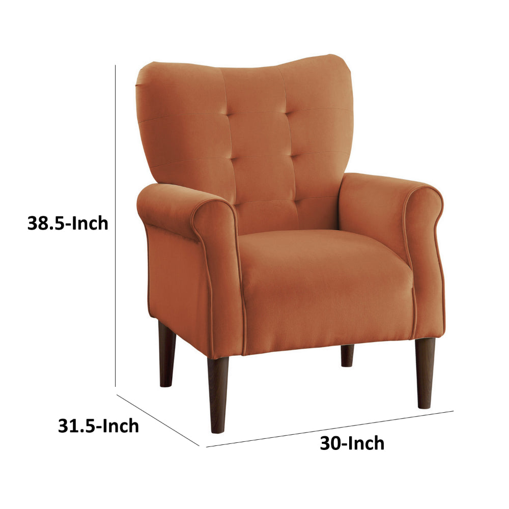 Kylie 32 Inch Accent Chair Armchair, Tufted Orange Velvet, Brown Solid Wood - BM313084