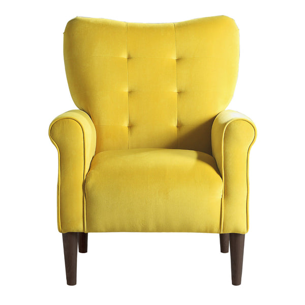 Kylie 32 Inch Accent Chair Armchair, Tufted Yellow Velvet, Brown Solid Wood - BM313085