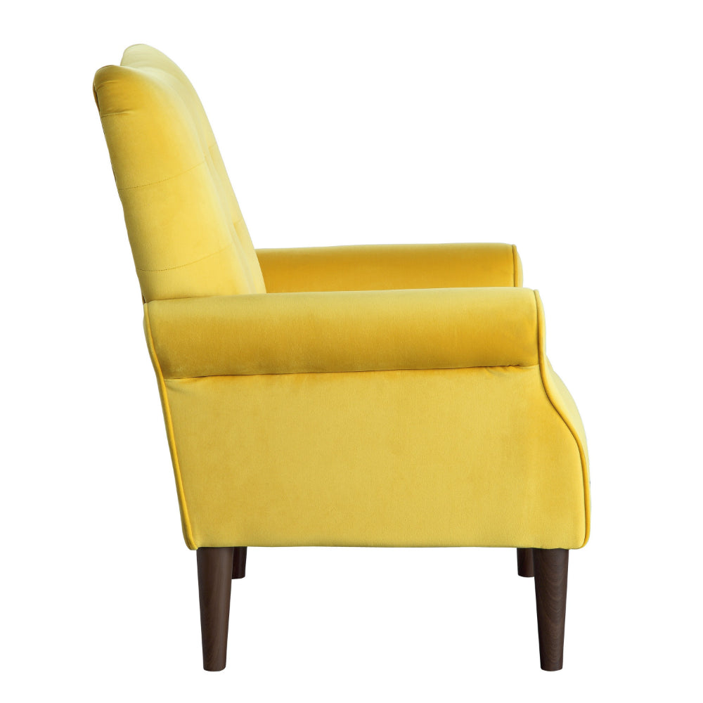 Kylie 32 Inch Accent Chair Armchair, Tufted Yellow Velvet, Brown Solid Wood - BM313085