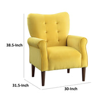 Kylie 32 Inch Accent Chair Armchair, Tufted Yellow Velvet, Brown Solid Wood - BM313085