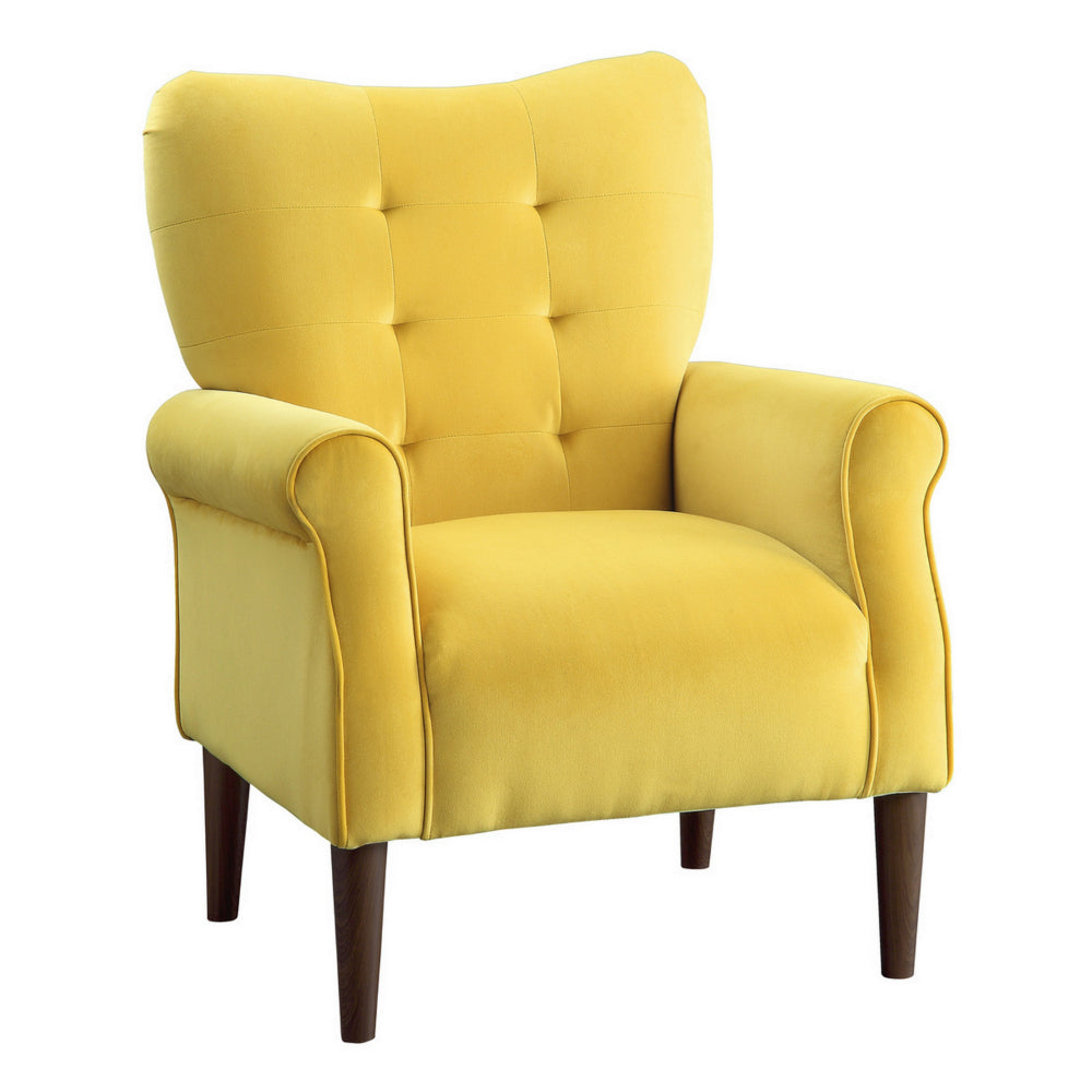 Kylie 32 Inch Accent Chair Armchair, Tufted Yellow Velvet, Brown Solid Wood - BM313085