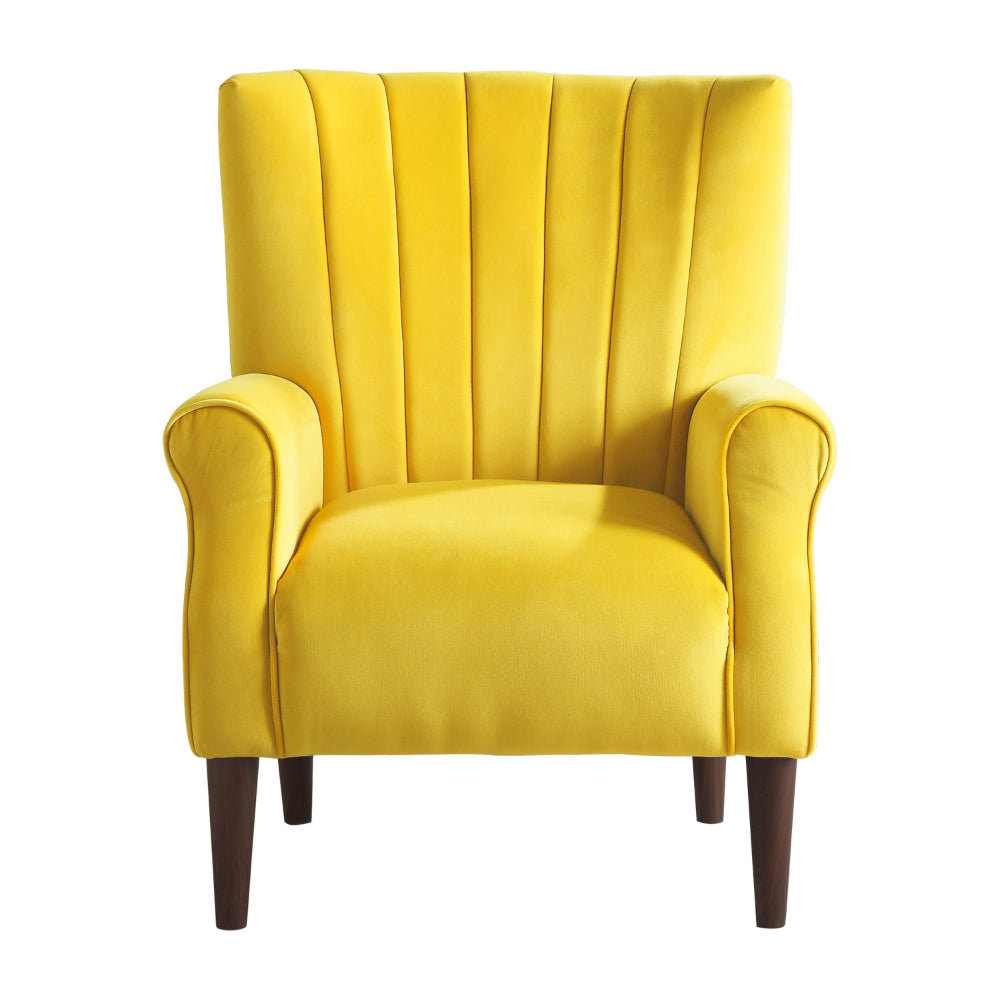 Elle 35 Inch Accent Chair Armchair, Tufted Yellow Velvet, Brown Solid Wood - BM313091