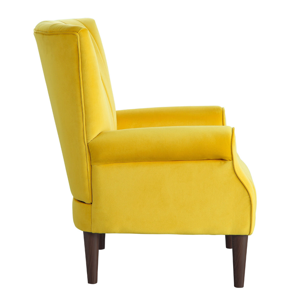 Elle 35 Inch Accent Chair Armchair, Tufted Yellow Velvet, Brown Solid Wood - BM313091