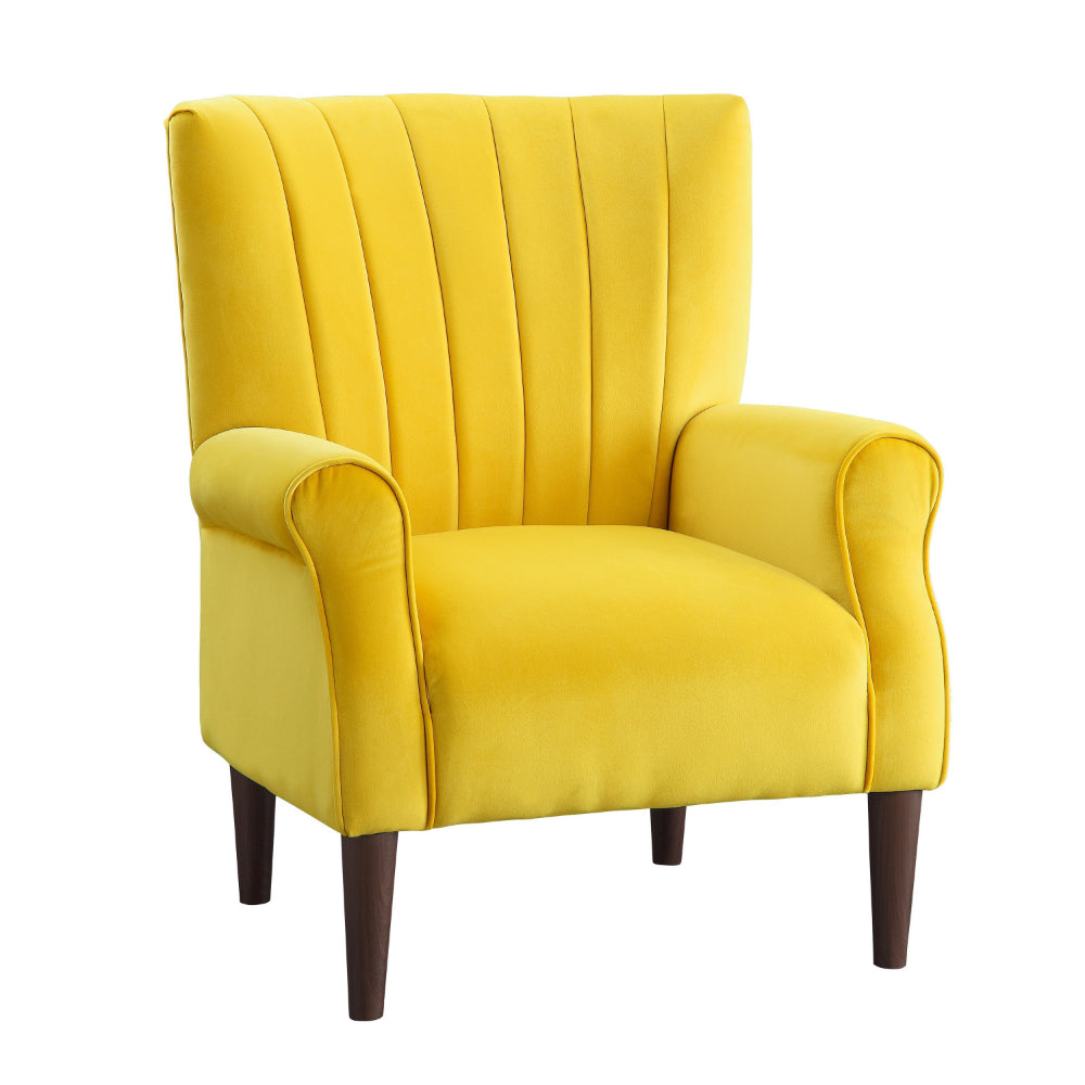 Elle 35 Inch Accent Chair Armchair, Tufted Yellow Velvet, Brown Solid Wood - BM313091