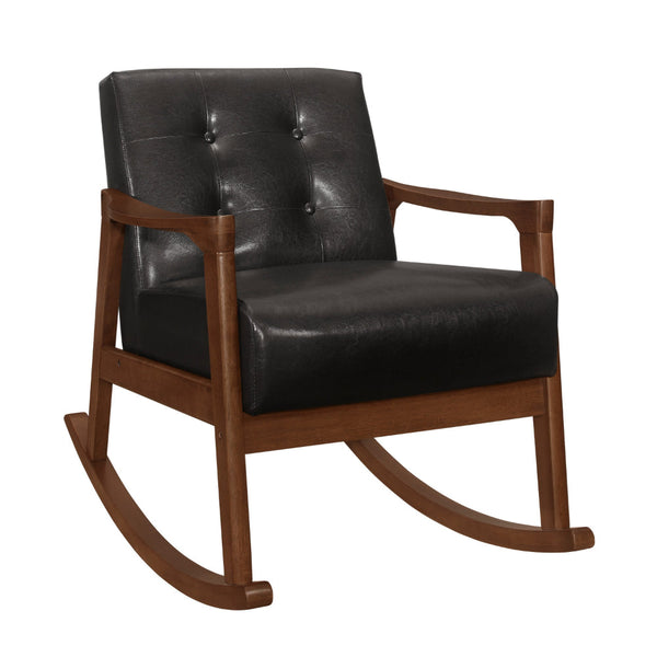 Ciao 37 Inch Rocking Chair Armchair, Dark Brown Faux Leather, Solid Wood - BM313097