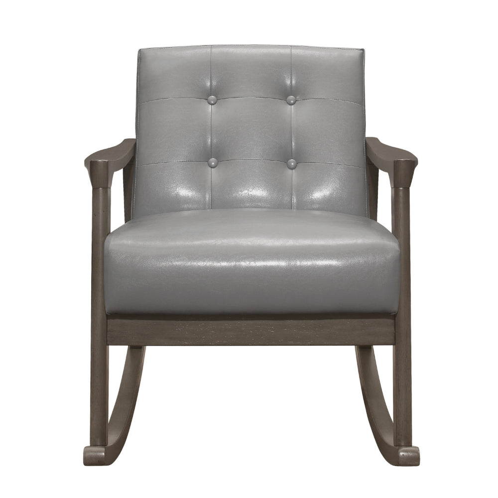 Ciao 37 Inch Rocking Chair Armchair, Light Gray Faux Leather, Solid Wood - BM313098