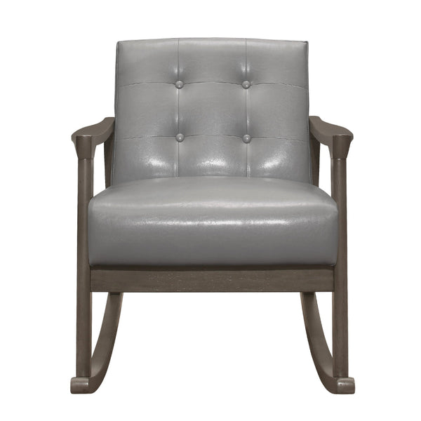 Ciao 37 Inch Rocking Chair Armchair, Light Gray Faux Leather, Solid Wood - BM313098