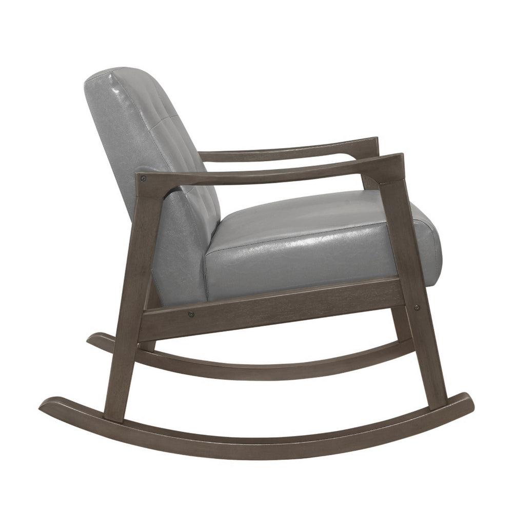 Ciao 37 Inch Rocking Chair Armchair, Light Gray Faux Leather, Solid Wood - BM313098