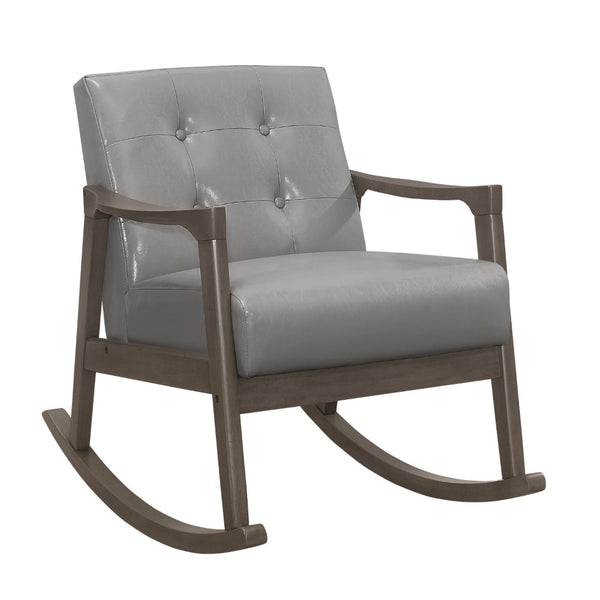 Ciao 37 Inch Rocking Chair Armchair, Light Gray Faux Leather, Solid Wood - BM313098