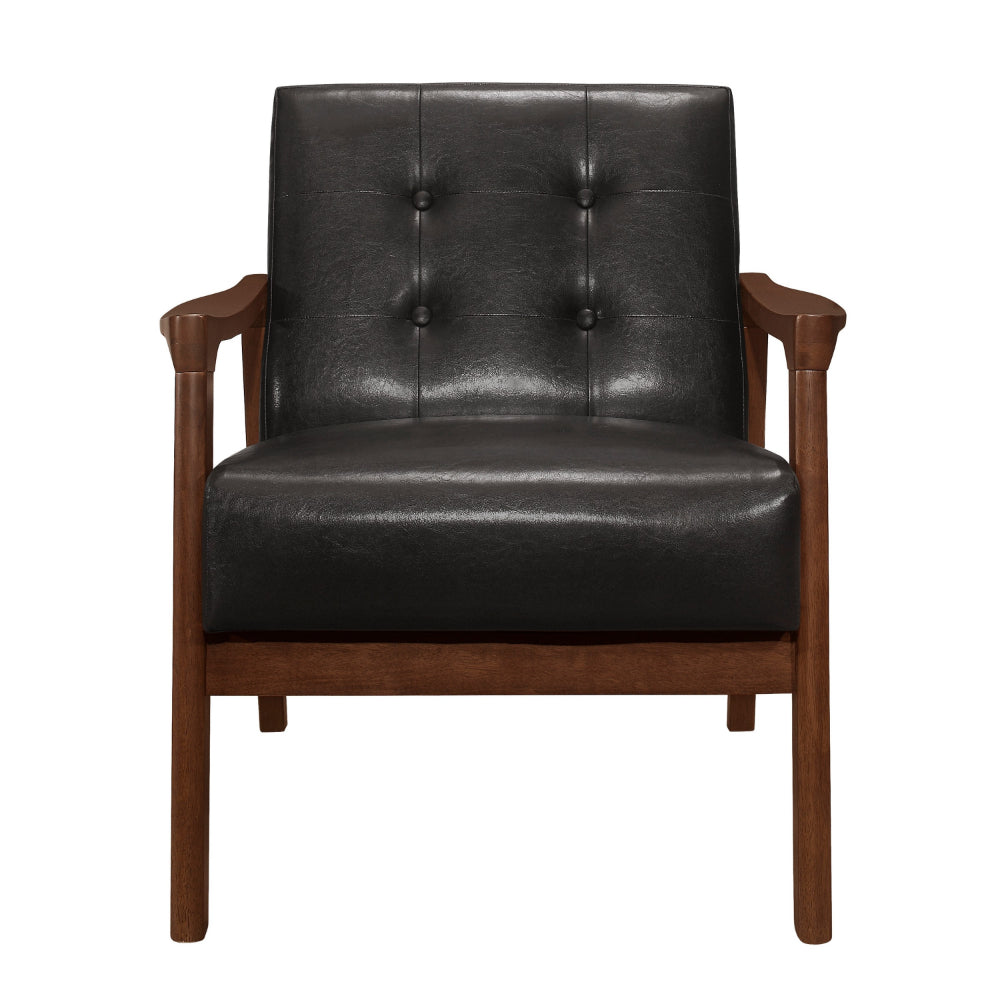 Aly 31 Inch Accent Chair Armchair, Dark Brown Faux Leather, Solid Wood - BM313099