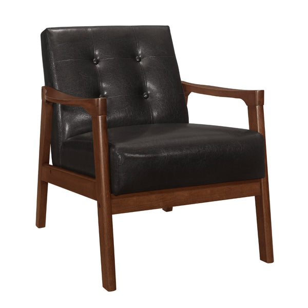 Aly 31 Inch Accent Chair Armchair, Dark Brown Faux Leather, Solid Wood - BM313099