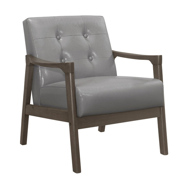 Aly 31 Inch Accent Chair Armchair, Gray Faux Leather, Brown Solid Wood - BM313100