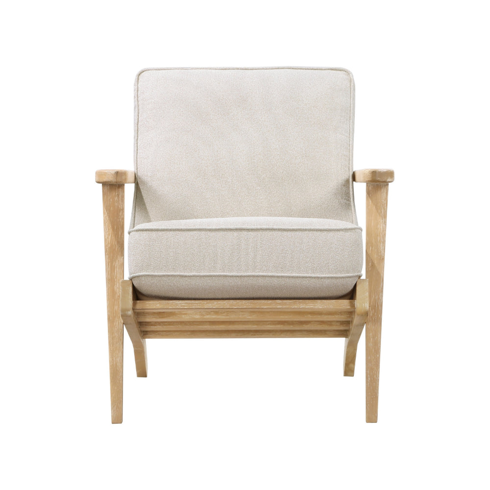 36 Inch Accent Chair Armchair, Beige Chenille, Weathered Solid Rubberwood - BM313112