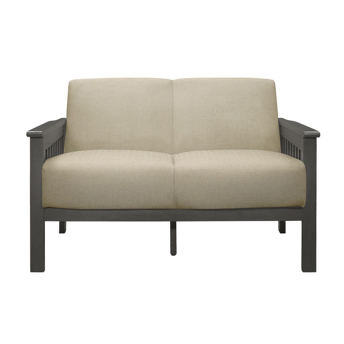 Wiston 50 Inch Loveseat, Beige Polyester, Dark Gray Solid Rubberwood - BM313117