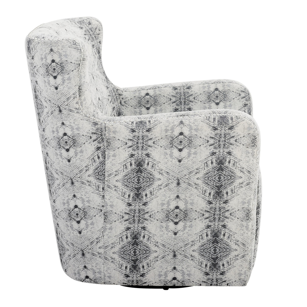 32 Inch Swivel Accent Chair, Gray Black Patterned Polyester, Solid Wood - BM313123