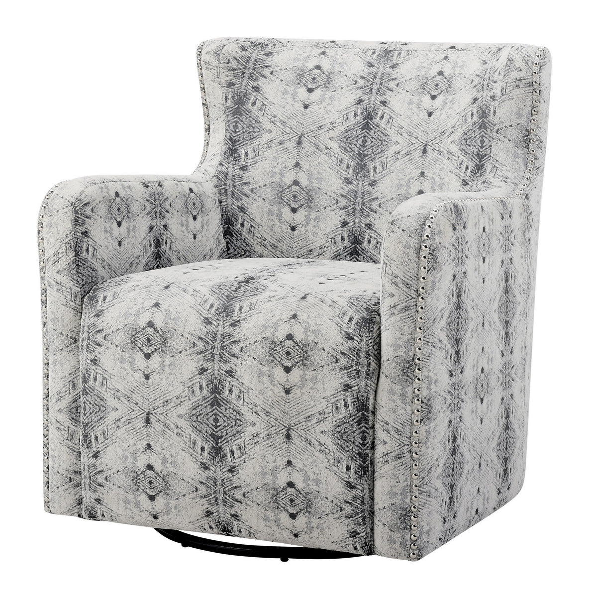 32 Inch Swivel Accent Chair, Gray Black Patterned Polyester, Solid Wood - BM313123