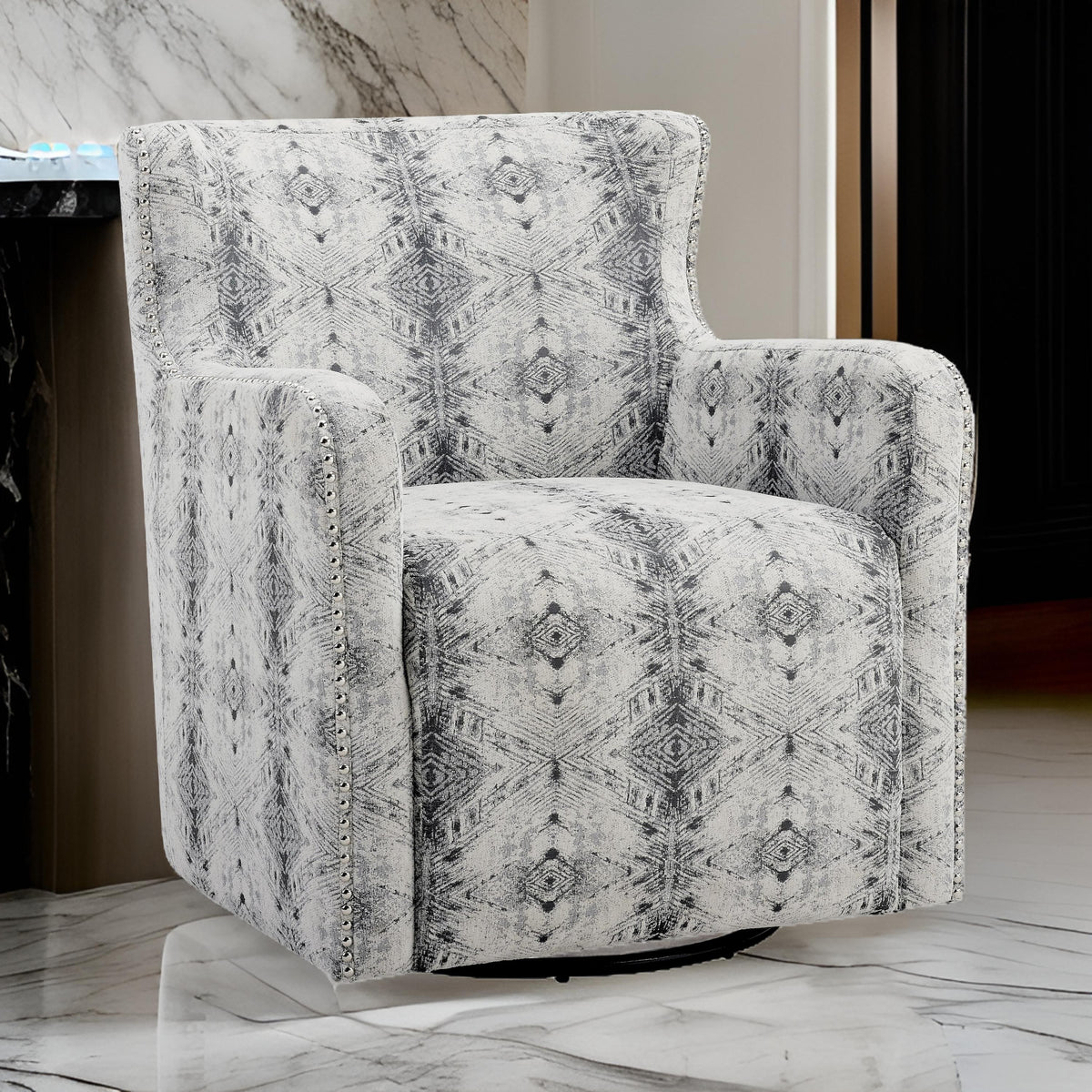 32 Inch Swivel Accent Chair, Gray Black Patterned Polyester, Solid Wood - BM313123